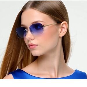 Rimless Sunglasses Women Gold Frame Gradient Oceanic‎ Blue Lens Fashion Shades
